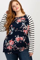 Navy Blue Floral Striped Sleeve Knot Plus Top