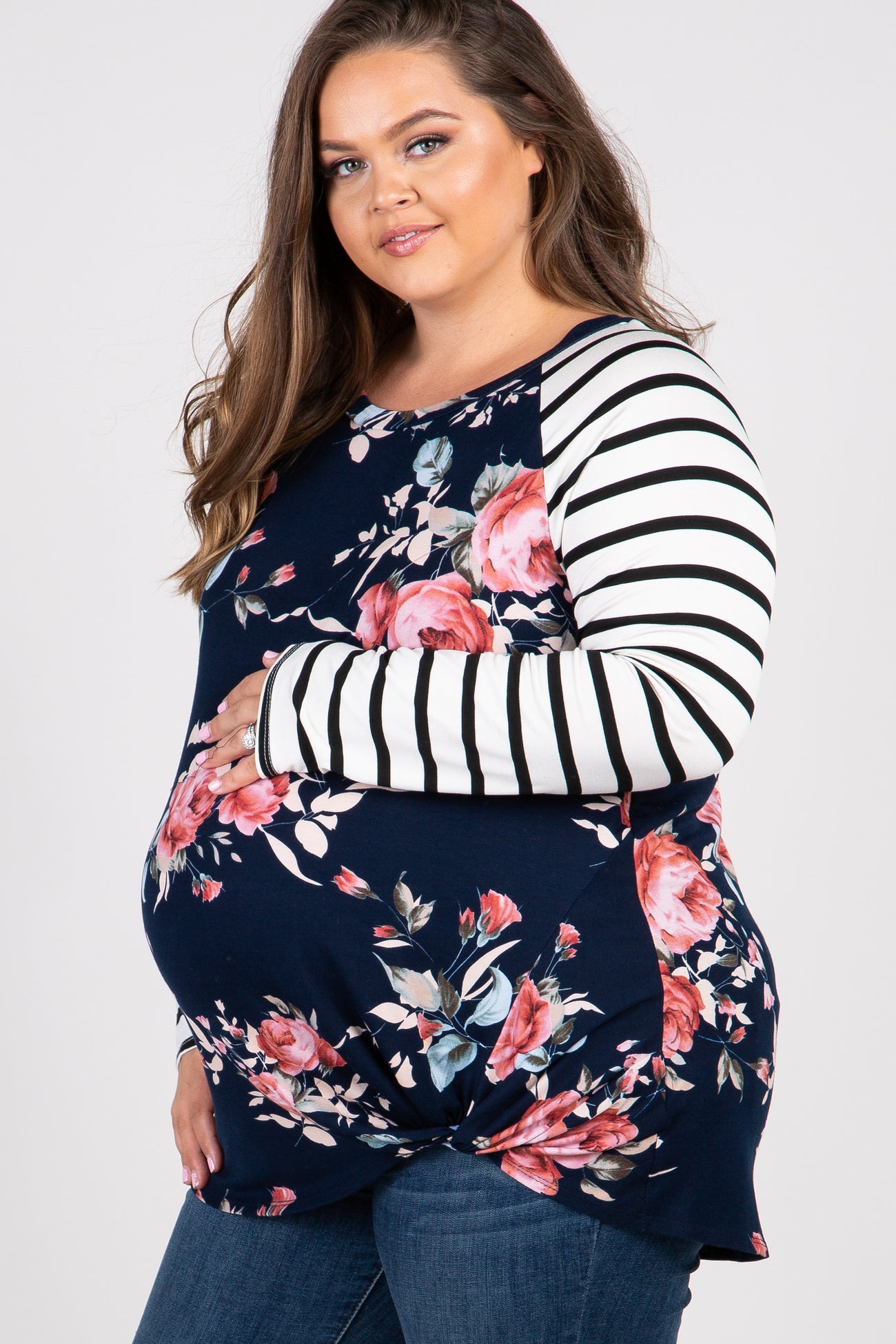 Navy Blue Floral Striped Sleeve Maternity Knot Plus Top– PinkBlush