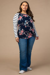 Navy Blue Floral Striped Sleeve Knot Plus Top