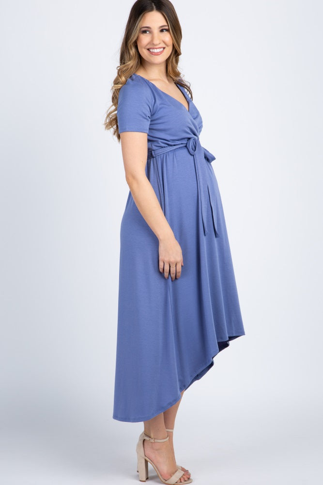 Slate Blue Solid Hi-Low Maternity Wrap Dress– PinkBlush