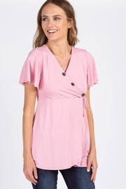 Pink Short Sleeve Button Accent Wrap Nursing Top