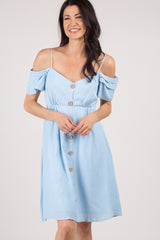 PinkBlush Light Blue Button Accent Open Shoulder Dress