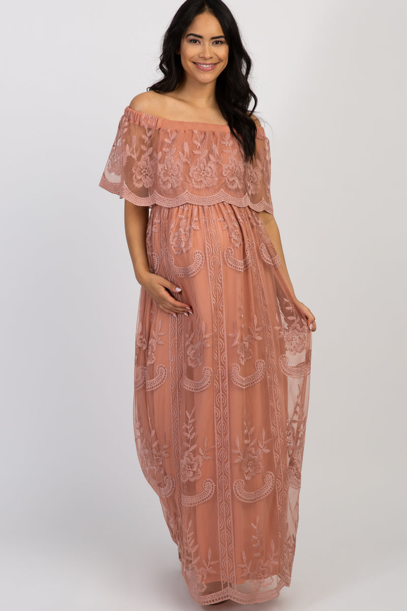 Light Pink Lace Mesh Overlay Off Shoulder Maternity Maxi Dress – PinkBlush