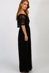 Black Lace Mesh Overlay Off Shoulder Maxi Dress