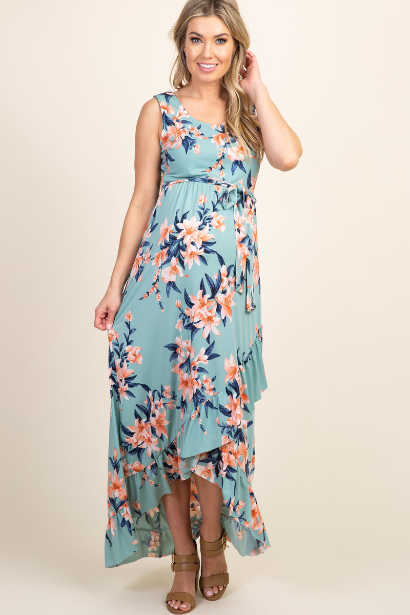 PinkBlush Mint Floral Wrap Hemline Maternity Dress