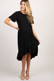 PinkBlush Black Ruffle Trim Hi-Low Wrap Maternity Dress