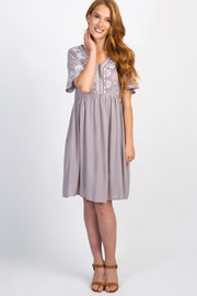 Grey Embroidered Short Sleeve Peplum Dress