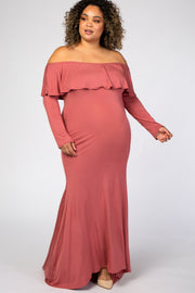 Dark Mauve Off Shoulder Ruffle Maternity Plus Photoshoot Gown/Dress