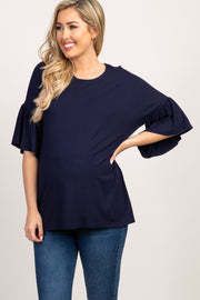 Navy Solid Ruffle Sleeve Maternity Top