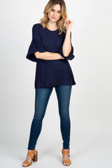 Navy Solid Ruffle Sleeve Top