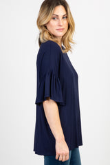 Navy Solid Ruffle Sleeve Top