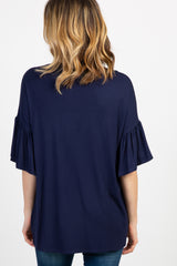 Navy Solid Ruffle Sleeve Top