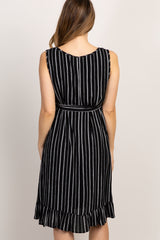 Black Striped Sleeveless Button Front Waist Tie Maternity Dress