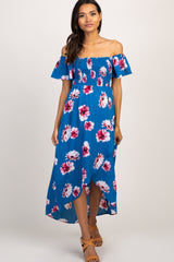 Blue Floral Smocked Off Shoulder Maternity Dress