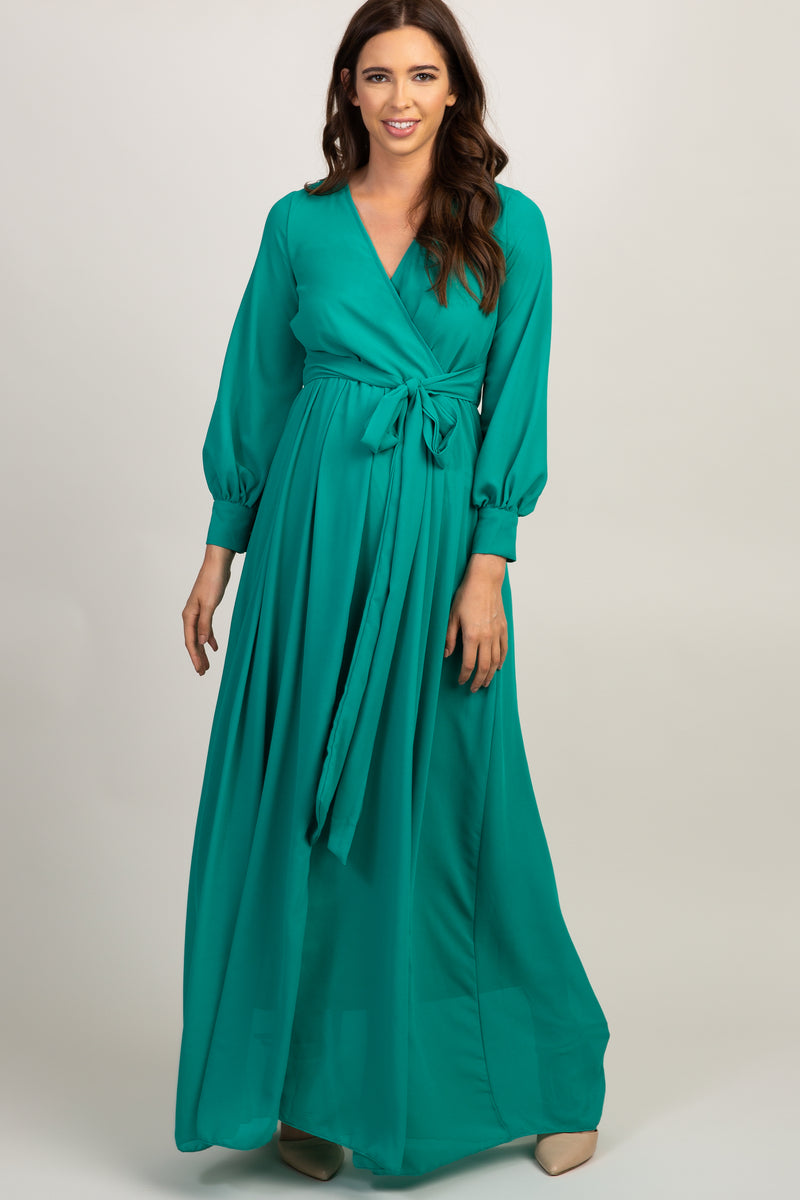 Green Chiffon Long Sleeve Pleated Maternity Maxi Dress – Pinkblush