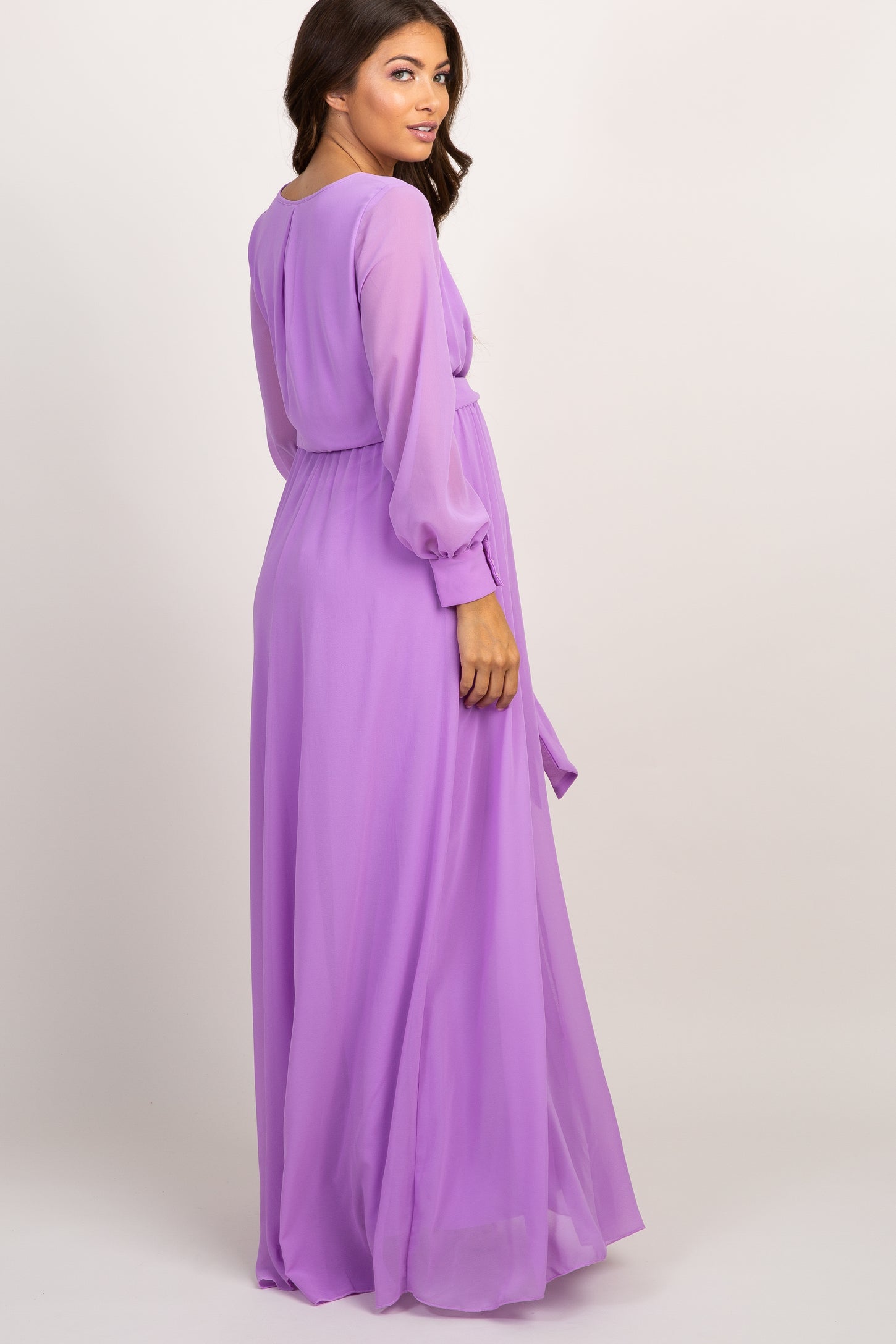 Lavender Chiffon Long Sleeve Pleated Maternity Maxi Dress– PinkBlush