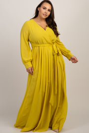 Yellow Chiffon Long Sleeve Plus Maxi Dress