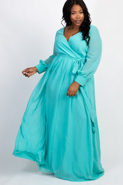 Mint Green Chiffon Long Sleeve Pleated Plus Maxi Dress