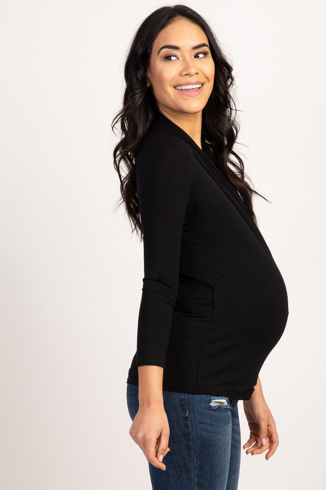 Black Long Sleeve Wrap Maternity/Nursing Top– PinkBlush