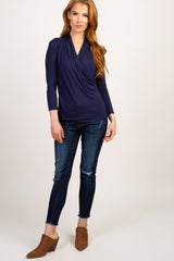 Navy Blue Long Sleeve Wrap Nursing Top