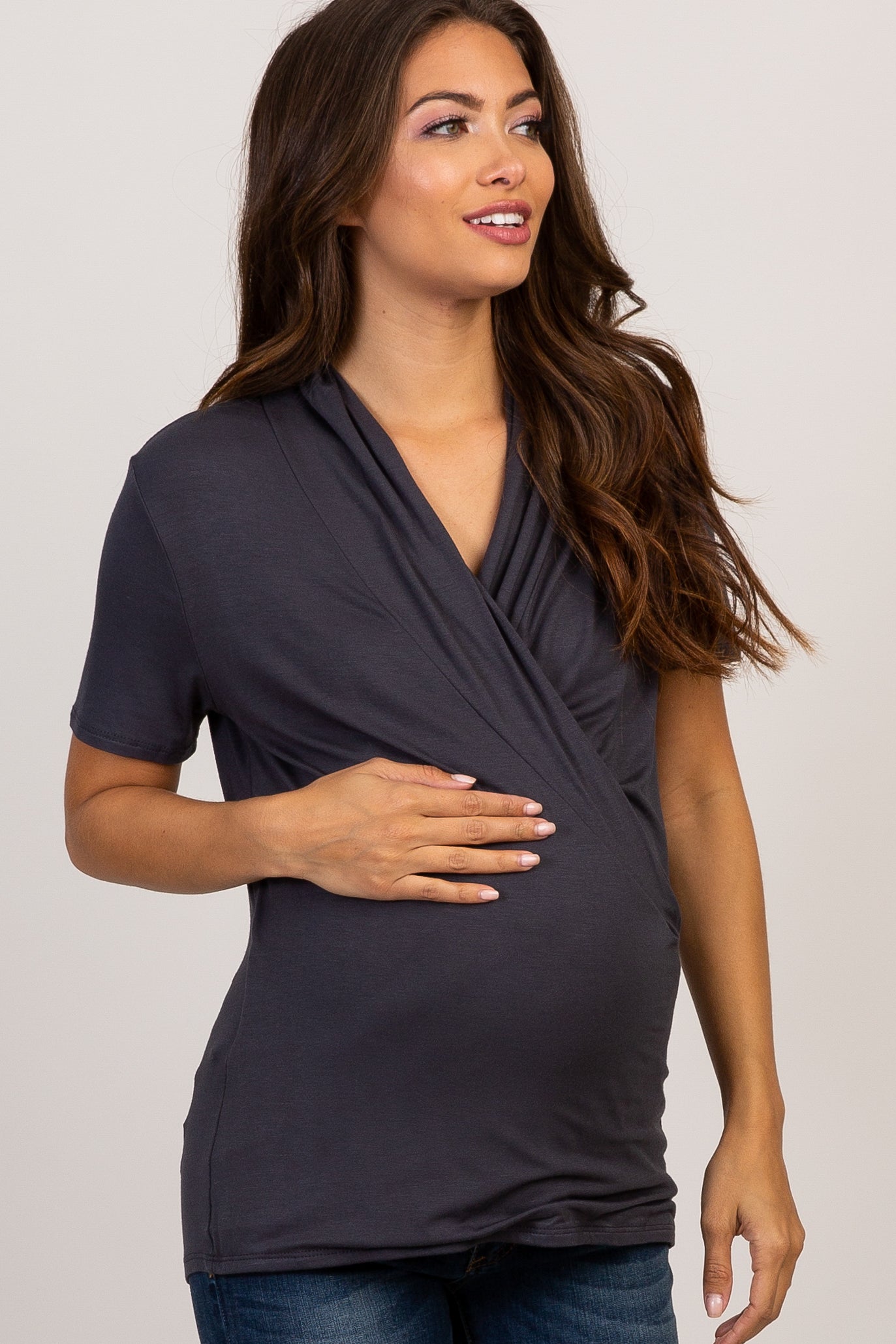 Charcoal Solid Short Sleeve Wrap Front Maternity/Nursing Top– PinkBlush