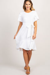 Ivory Solid Flounce Trim Dress