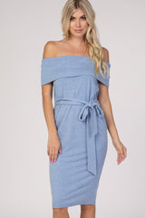 PinkBlush Blue Folded Off Shoulder Belted Fitted Dress