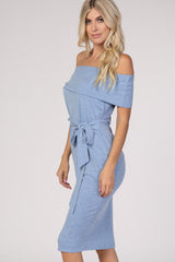 PinkBlush Blue Folded Off Shoulder Belted Fitted Dress