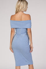 PinkBlush Blue Folded Off Shoulder Belted Fitted Dress