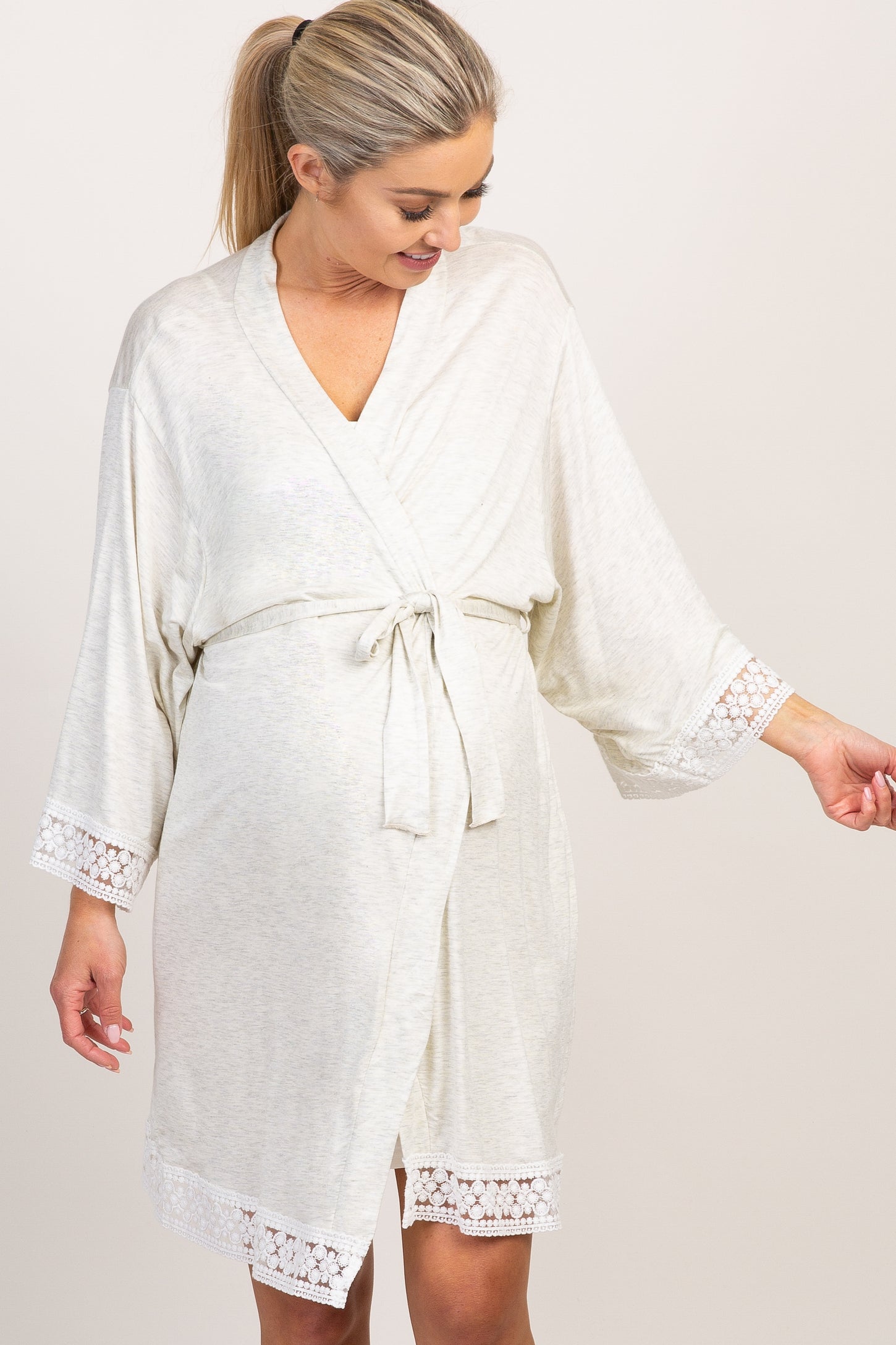 PinkBlush Beige Crochet Trim Delivery/Nursing Maternity Robe