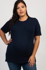 Navy Blue Solid Short Sleeve Plus Maternity Top