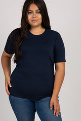 Navy Blue Solid Short Sleeve Plus Maternity Top