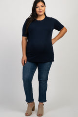 Navy Blue Solid Short Sleeve Plus Maternity Top