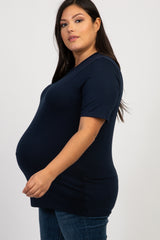 Navy Blue Solid Short Sleeve Plus Maternity Top