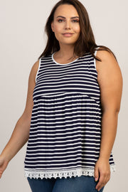 Navy Blue Striped Crochet Trim Plus Tank Top