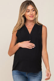 Black Solid V-Neck Sleeveless Maternity Top