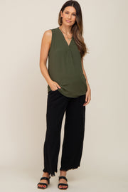 Olive Solid V-Neck Sleeveless Maternity Top