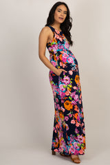 Navy Floral Sleeveless Maternity Maxi Dress