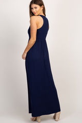 Navy Blue Solid Sleeveless Maxi Dress