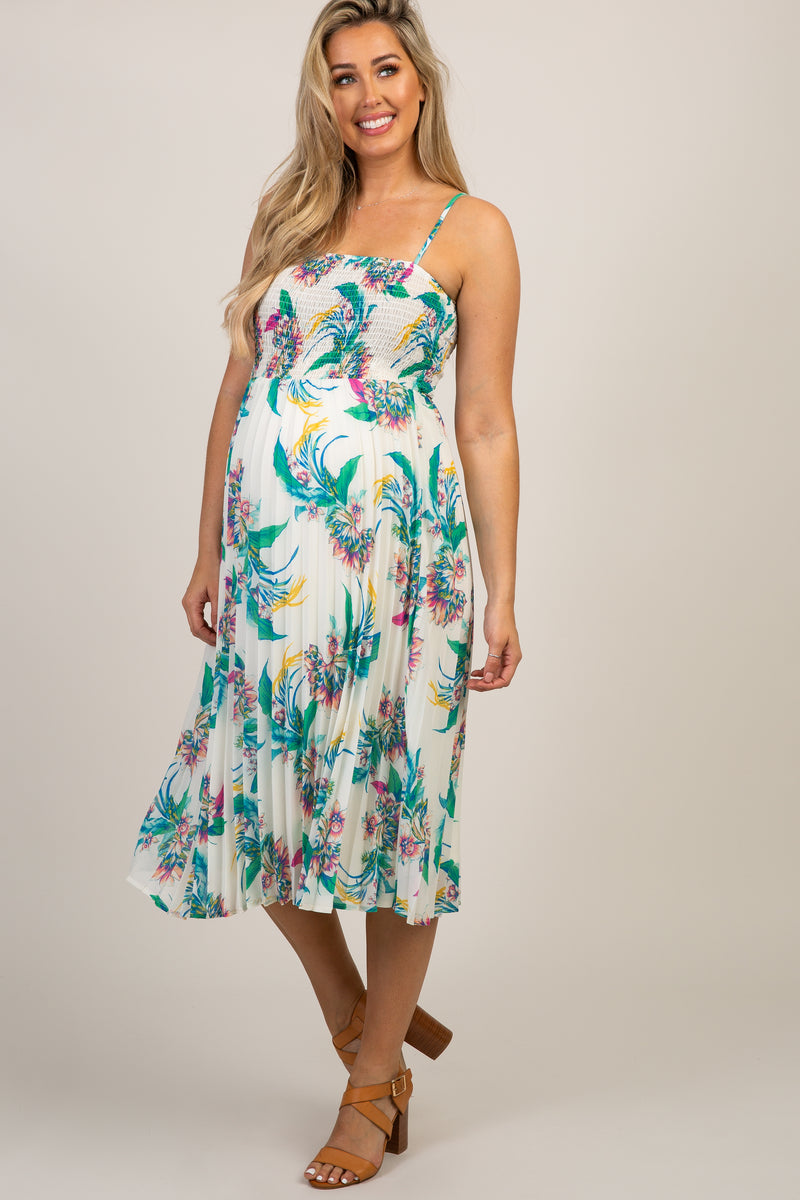 Ivory Floral Smocked Sleeveless Maternity Dress – PinkBlush