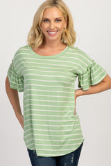 Mint Green Striped Ruffle Short Sleeve Top