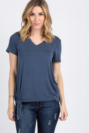 Blue Short Sleeve Knotted Hem Top