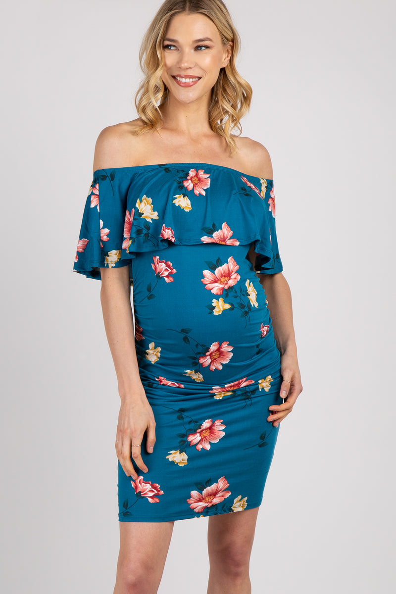 Teal Floral Ruffle Trim Fitted Maternity Dress– PinkBlush