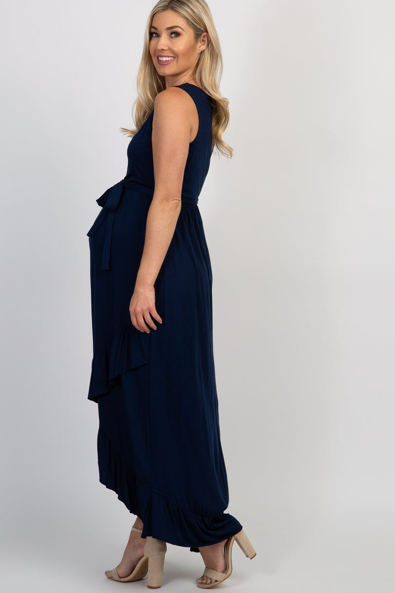 PinkBlush Navy Sleeveless Hi-Low Ruffle Trim Maternity Maxi Dress