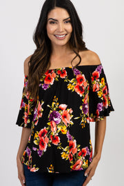 Black Floral Off Shoulder Ruffle Maternity Top