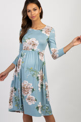 Light Blue Floral 3/4 Sleeve Maternity Midi Dress