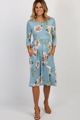 Light Blue Floral 3/4 Sleeve Maternity Midi Dress