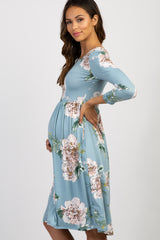 Light Blue Floral 3/4 Sleeve Maternity Midi Dress