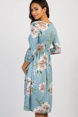 Light Blue Floral 3/4 Sleeve Maternity Midi Dress