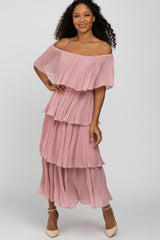 Pink Solid Off Shoulder Pleated Ruffle Midi Dress